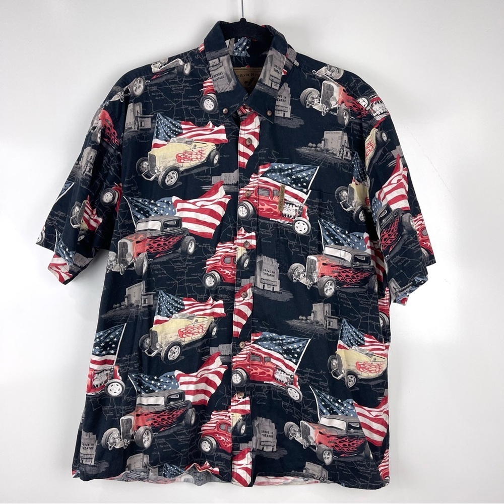 North River Men's Short Sleeve Button Front Shirt American Hot Rod Size Large